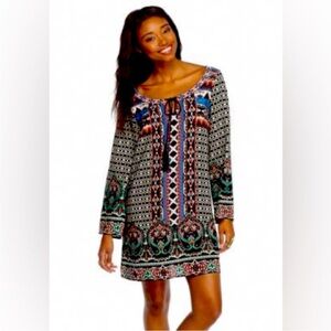 EUC Flying Tomato Black Colorful Boho Print Long Sleeve Tunic Mini Dress Large